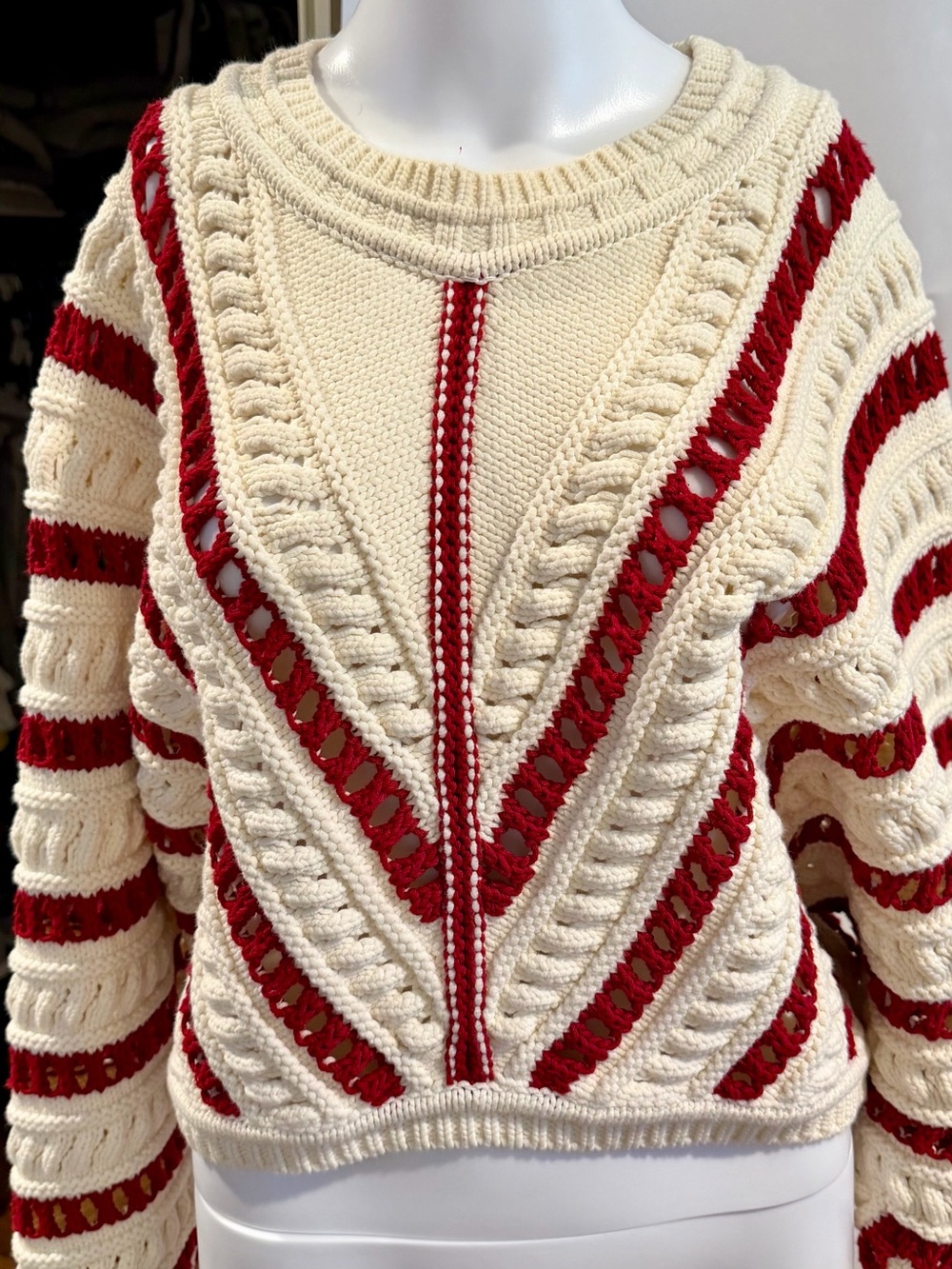 ba&sh Cream and Red Cable-Knit Scoop Neck Sweater Medium